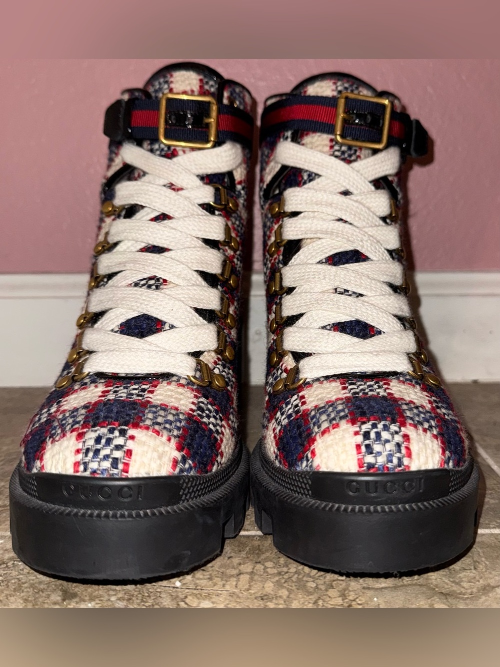 Gucci Sylvie Web Accent Tweed Combat Boots - Picture 2 of 9